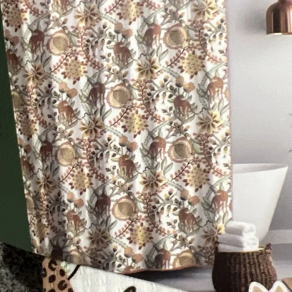 VESELKA HOME SHOWER CURTAIN 100% COTTON Cheetah Brown Floral Trim Detail New